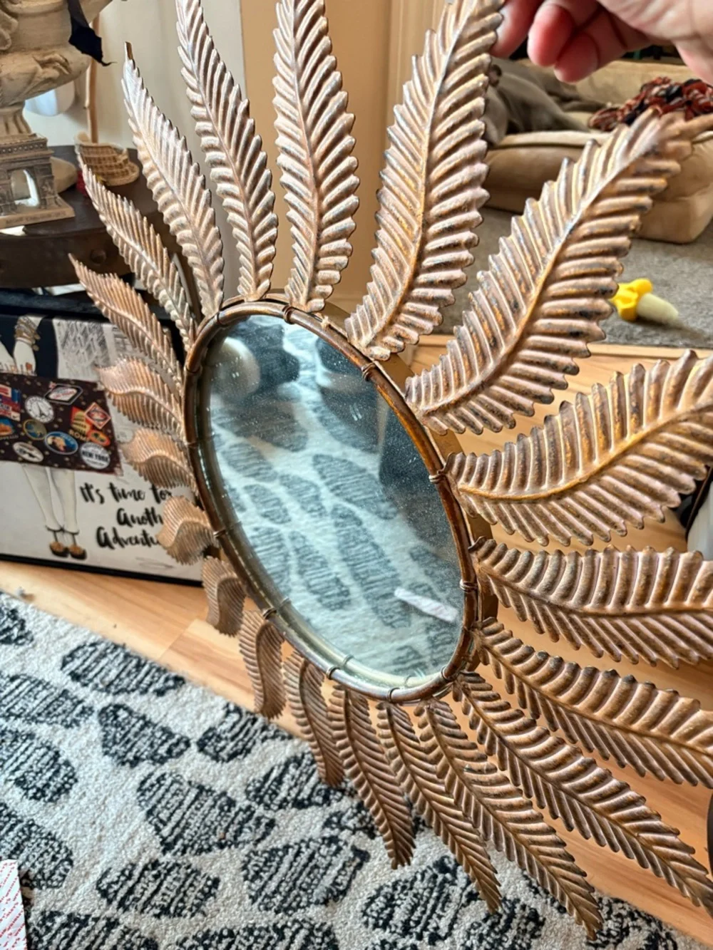 Sunburst Leaf Metal Wall Mirror in Gold Finish - Decorative Accent Mirror